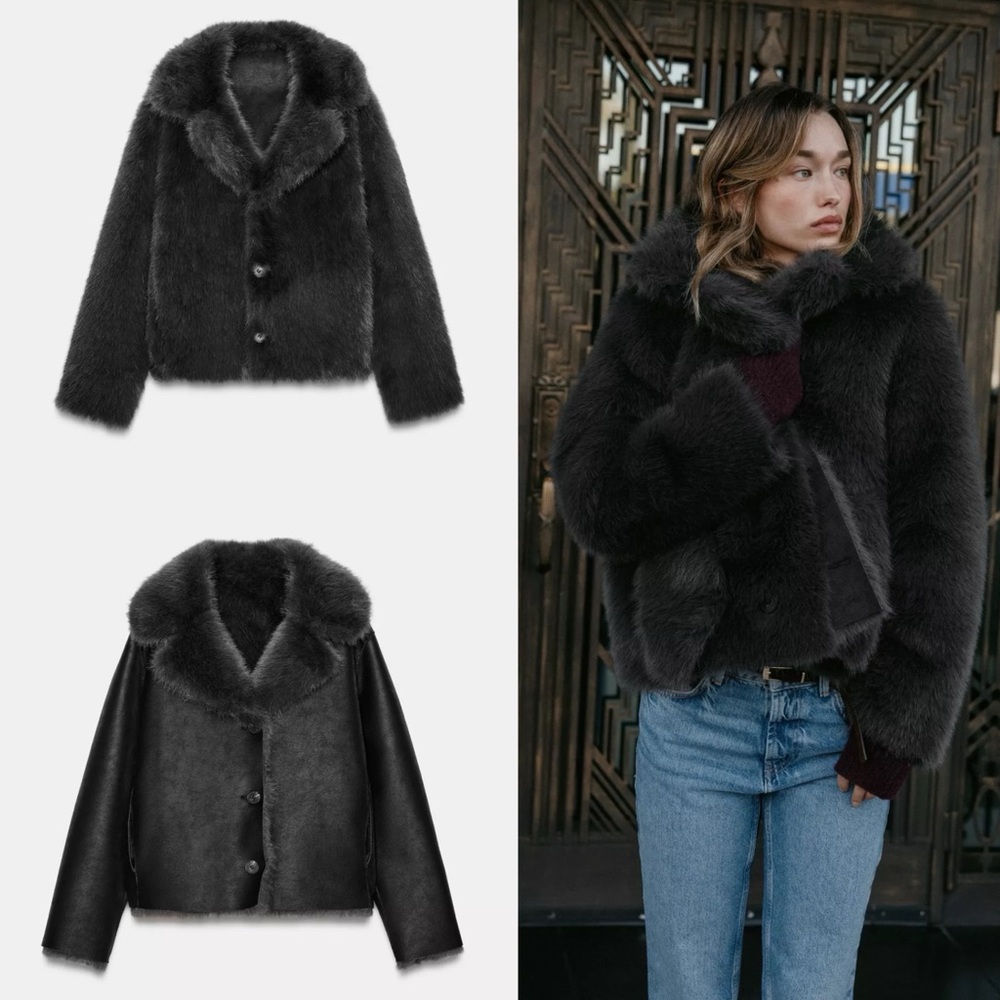 ZARA REVERSIBLE FAUX FUR SHORT COAT 6318/276 BLACK FAUX SUEDE SMALL TEDDY JACKET